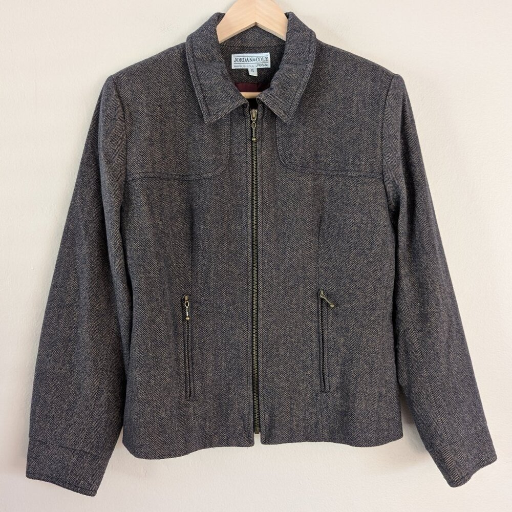 Vintage Jordan & Cole Brown‎ Herringbone Wool Zip Up Jacket Old Money Classic S